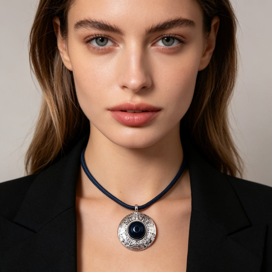 Collar Colgante Medallón Texturizado con Piedra Central Negra/Azul, Diseño Tribal, Cadena de Cordón, Joyería de Moda al Por Mayor (Plata/Oro)