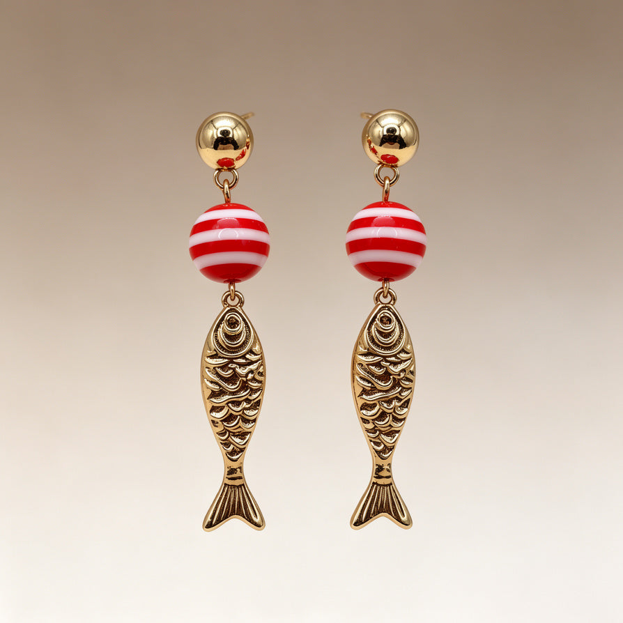 Pendientes Colgantes de Pez Dorado con Bola Rayada Rojo y Blanco | Mayorista de Bisutería Moda|JI JOYA