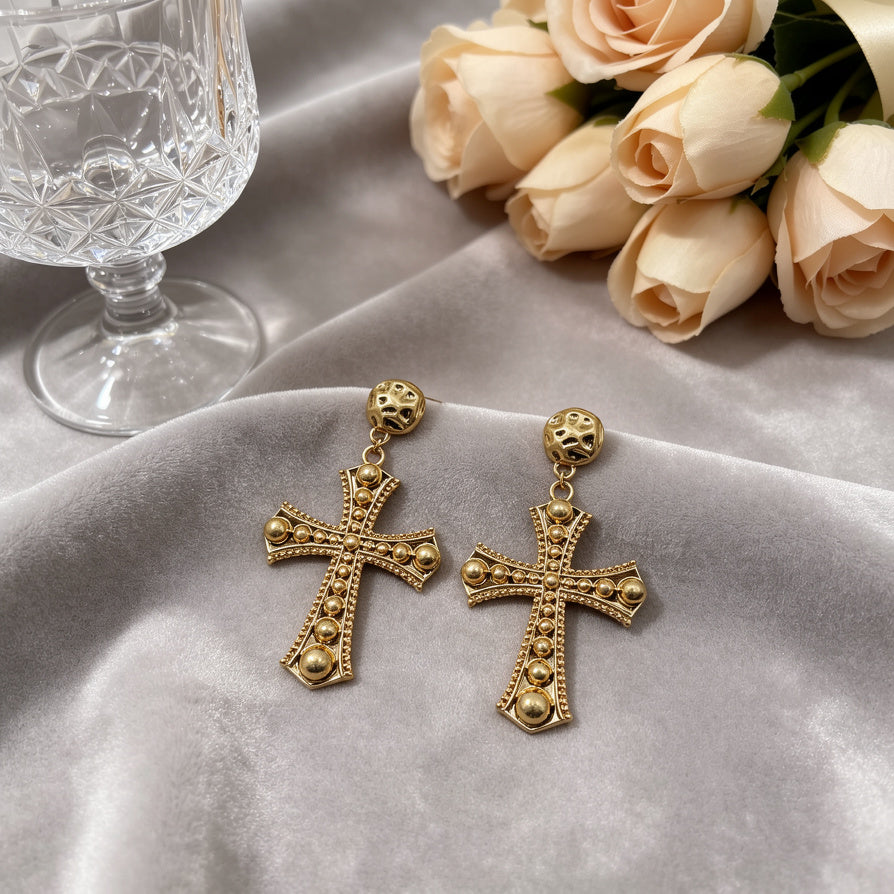 Pendientes Cruz Vintage Dorada/Plateada | Joyería Gótica al Por Mayor|JI JOYA