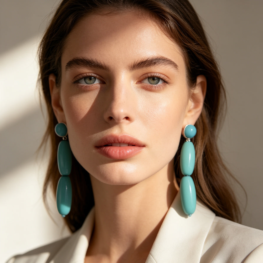 Pendientes Colgantes de Resina Ovalada - Largo Elegante, Blanco y Turquesa | Joyería al Por Mayor para Mujer| JI JOYA