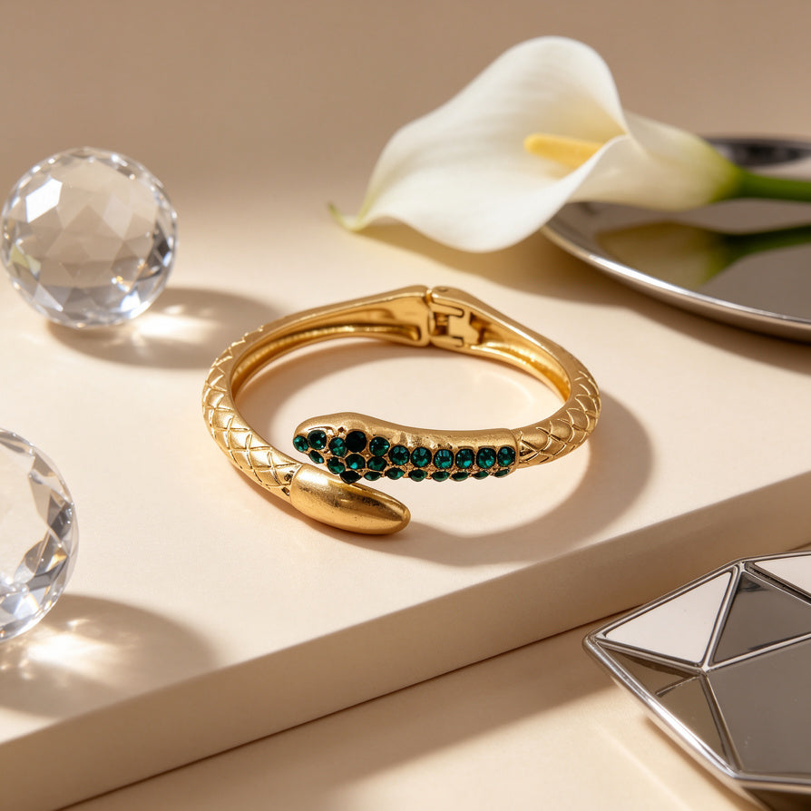 Pulsera Serpiente de Aleación con Cristales Verdes - Mayorista Joyería de Temporada|JI JOYA