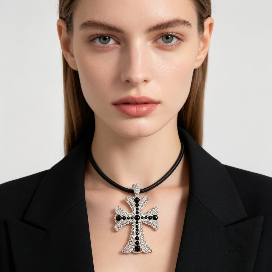 Collar de Cruz Pavé con Cristales Negros y Blancos - Oro/Plata|JI JOYA