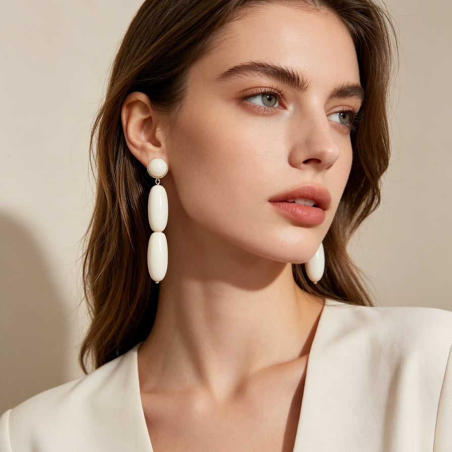 Pendientes Colgantes de Resina Ovalada - Largo Elegante, Blanco y Turquesa | Joyería al Por Mayor para Mujer| JI JOYA
