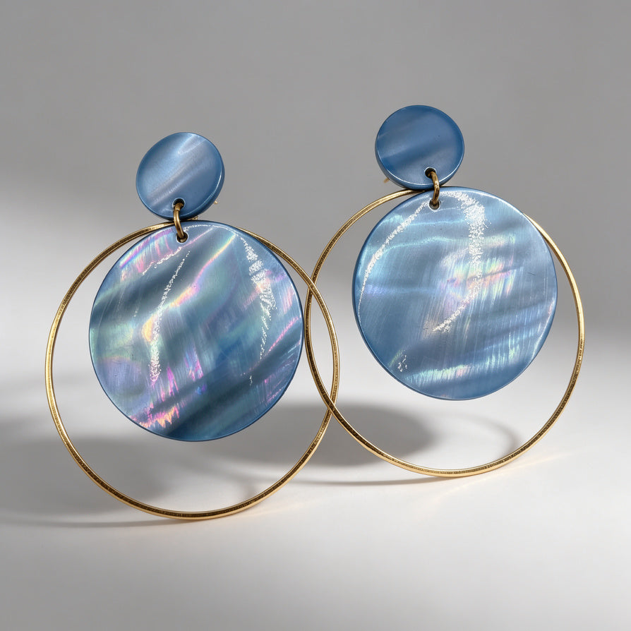 Pendientes de Círculo Dorado con Placa de Concha Nácar - 3 Colores (Azul, Rojo, Blanco) | Joyería de Moda al Por Mayor|JI JOYA