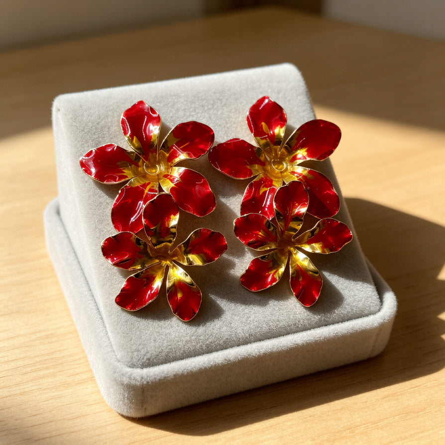 Pendientes de Doble Flor Roja y Dorada | Joyería Mayorista de Moda|JI JOYA