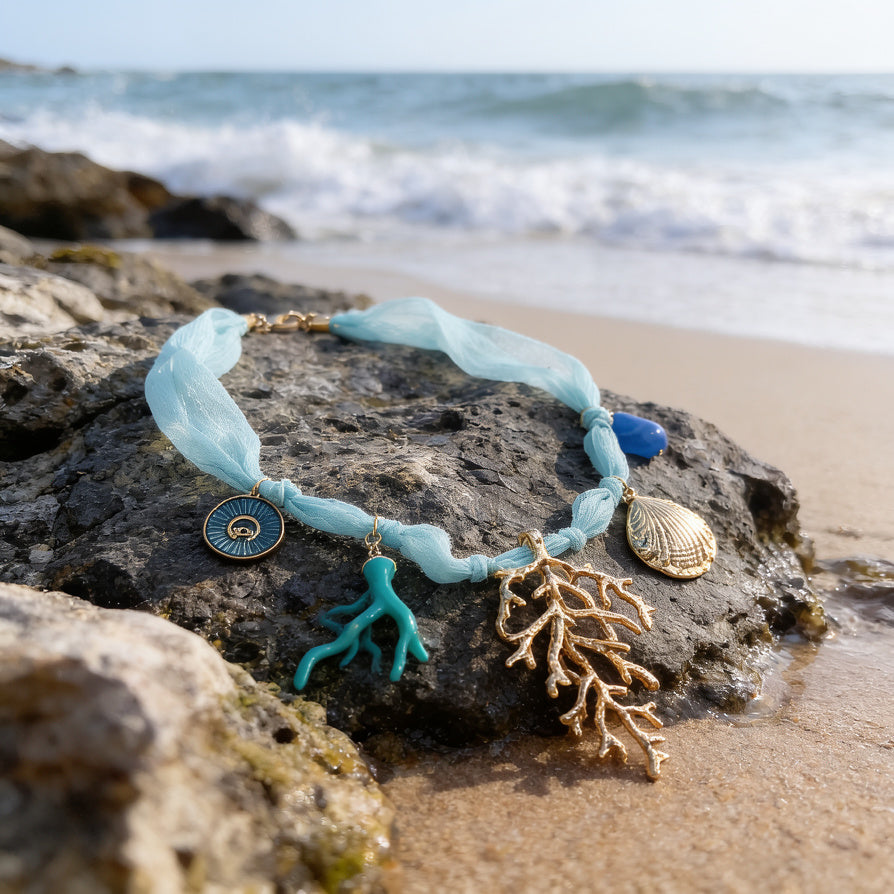 Collar de Verano con Concha y Coral - Collar de Tela Azul Claro para Mujer, Joyería de Playa Boho|JI JOYA