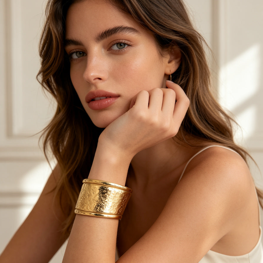 Brazalete Ancho Dorado/PLATEADO Martillado | Joyería de Moda Premium al Por Mayor|JI JOYA