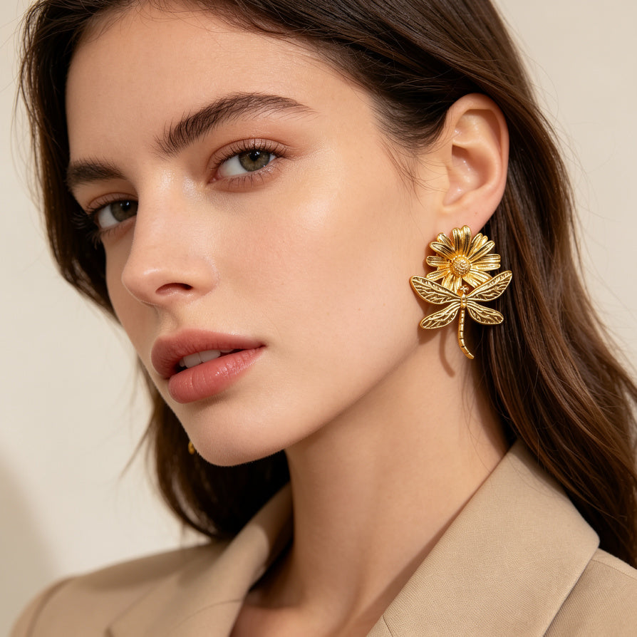 Pendientes de Libélula y Margarita Vintage | Mayoreo B2B | 2 Colores Disponibles|JI JOYA