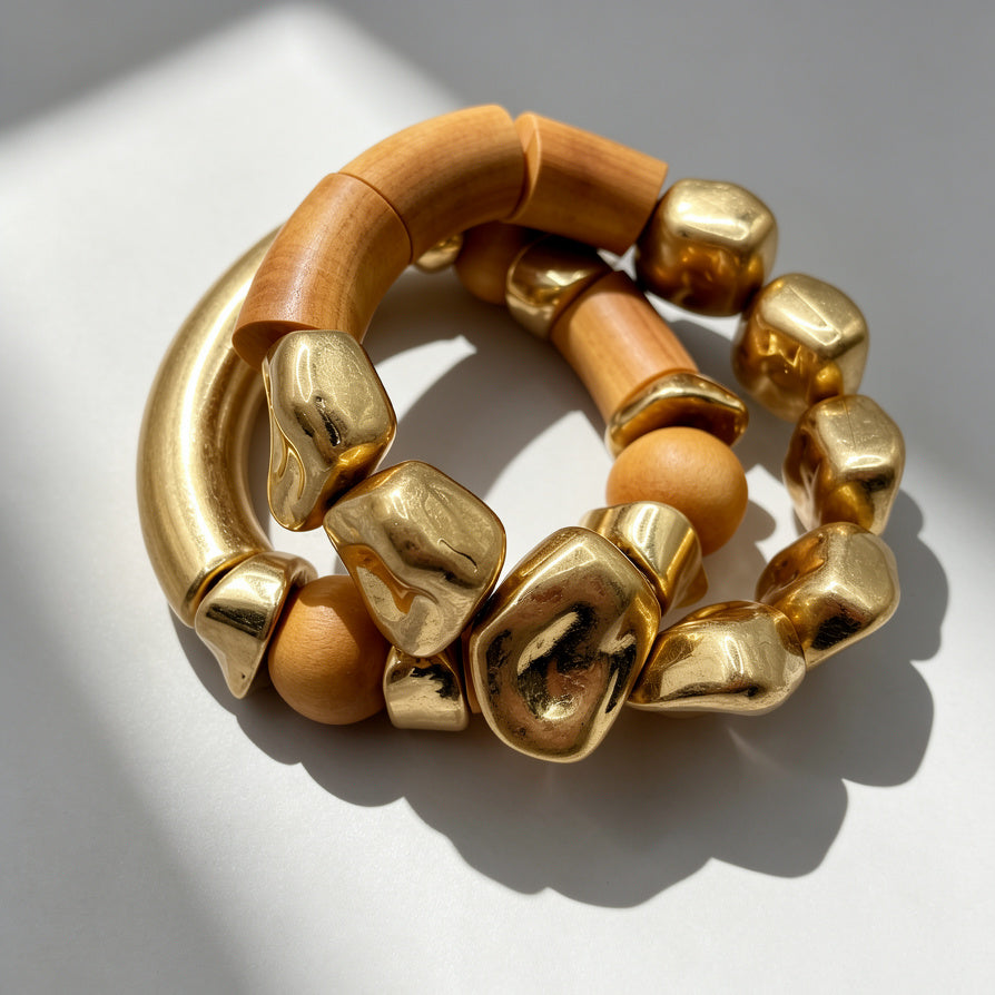 Pulsera de Madera y Metal Dorado, Diseño Moderno, Joyería al Por Mayor|JI JOYA