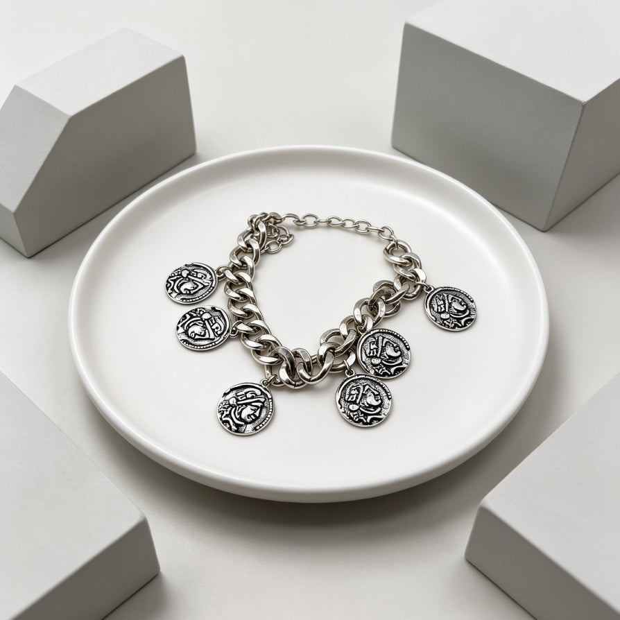Pulsera de Monedas Antiguas en Cadena Gruesa - Oro y Plata, Joyería de Moda al Por Mayor|JI JOYA