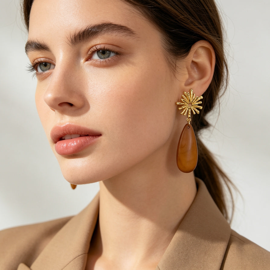 Pendientes Gota Resina con Sol Dorado - 4 Colores | Mayorista de Joyería Moda|JI JOYA