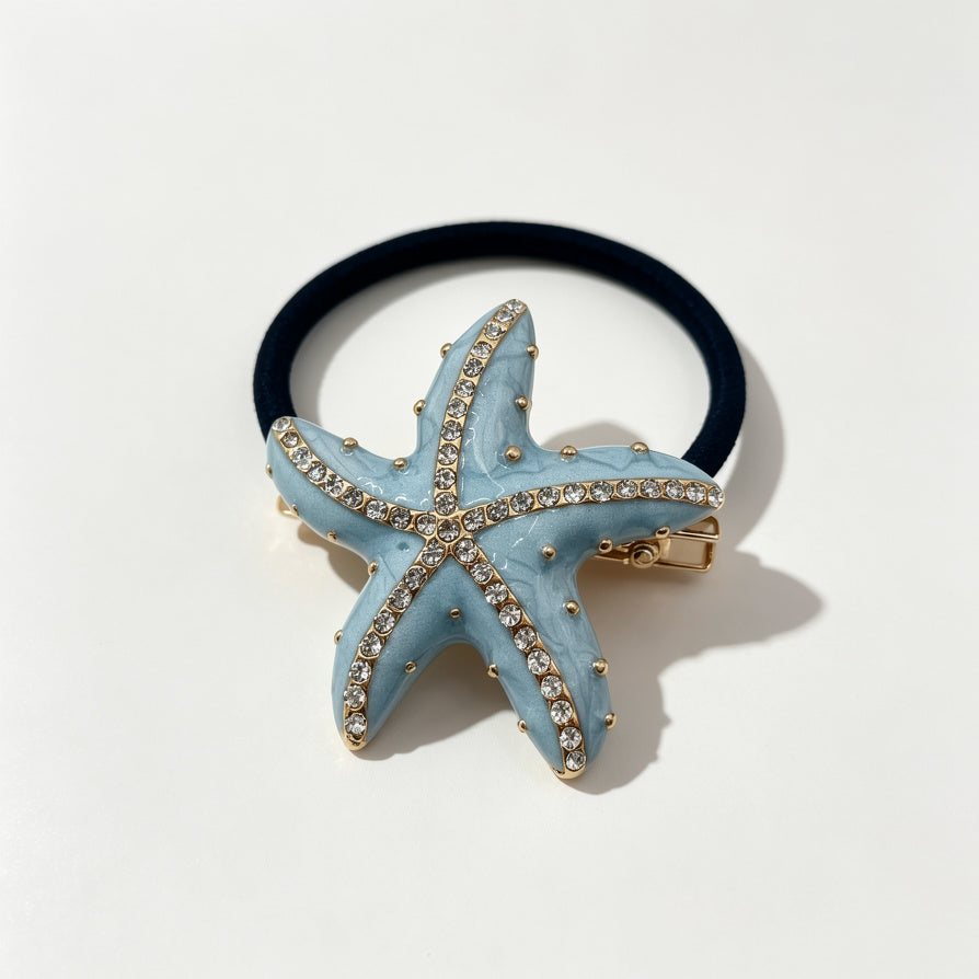 Coletero de Pelo con Diseño de Estrella de Mar Azul/Beige Claro con Cristales - Venta al Por Mayor|JI JOYA