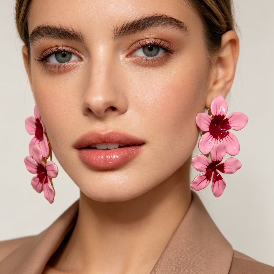 Aretes de Flores Rosadas Diseño Minimalista | Al Por Mayor para Joyerías España|JI JOYA