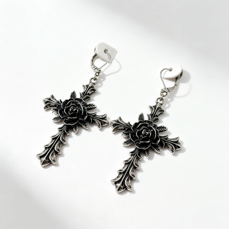 Pendientes Góticos Cruz Rosa - Plata/Aleación Dorada, Joyería de Moda Alternativa para Mujer | Mayorista|JI JOYA