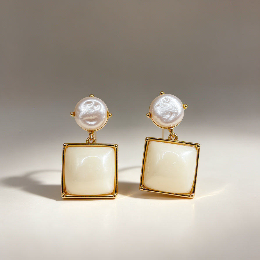 Pendientes Elegantes Cuadrados con Perla, Joyería de Moda Al Por Mayor|JI JOYA