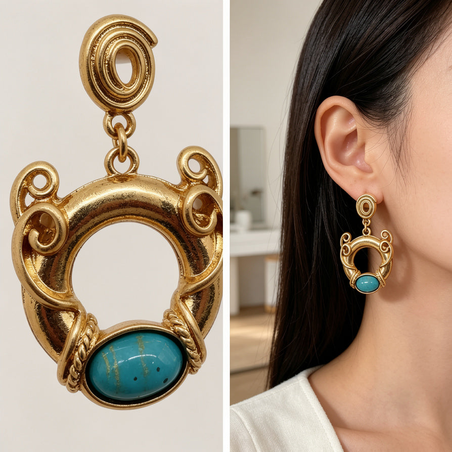 Pendientes Dorados con Turquesa Vintage | Mayorista de Bisutería Moda|JI JOYA