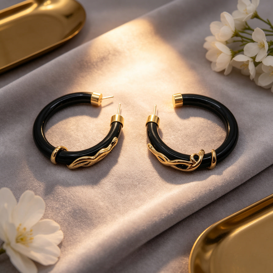 Español：Pendientes Aro Resina Elegante Con Detalles Dorados, Diseño Serpiente Minimalista | Joyería Mayorista Mujer|JI JOYA