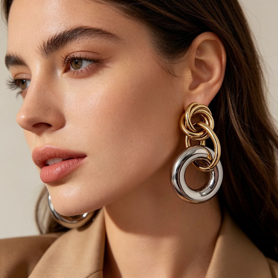 Pendientes de cadena geométrica bicolor, aleación de zinc, joyería fast fashion al por mayor|JI JOYA