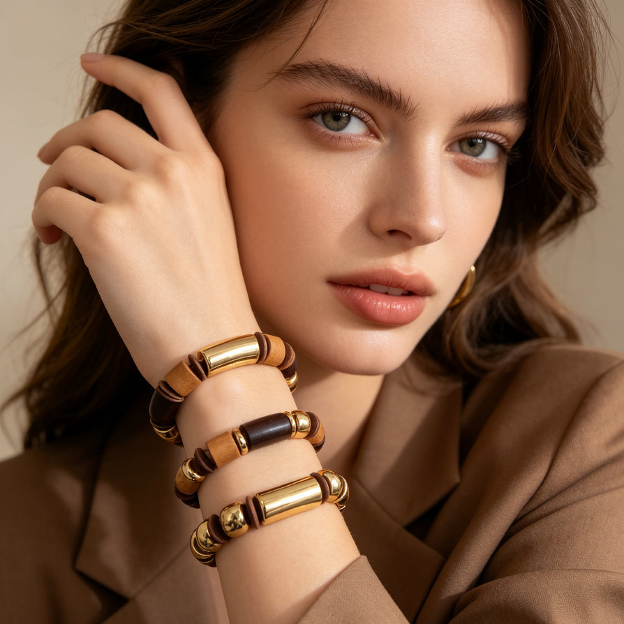 Pulseras de Madera y Oro Minimalistas | Bisutería Mayorista para Distribuidores|3 in 1|JI JOYA