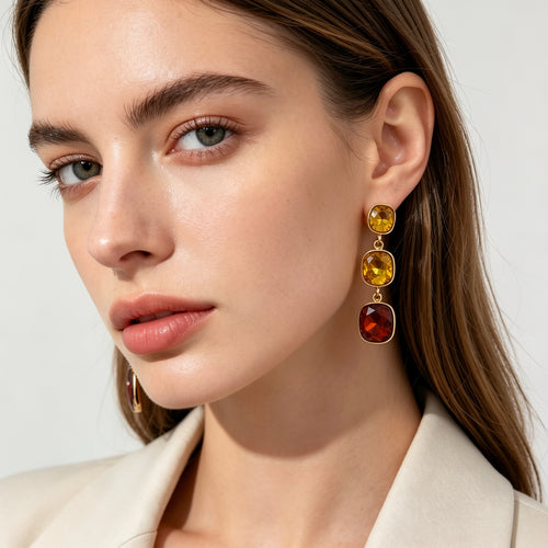 Aretes de Cristal Colgantes de 3 Piedras con Montura Dorada - Mayorista de Moda|JI JOYA