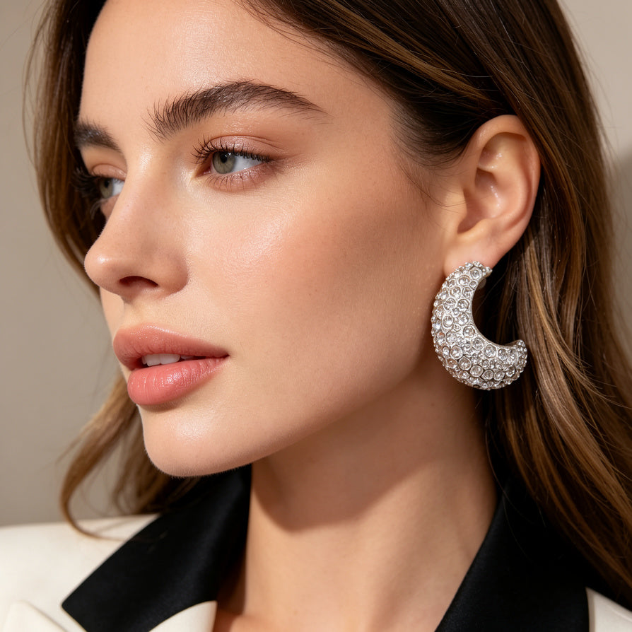 Pendientes de Media Luna con Circonitas Brillantes | Diseño Chunky, Oro y Plata, Joyería al Por Mayor para Mujeres|JI JOYA