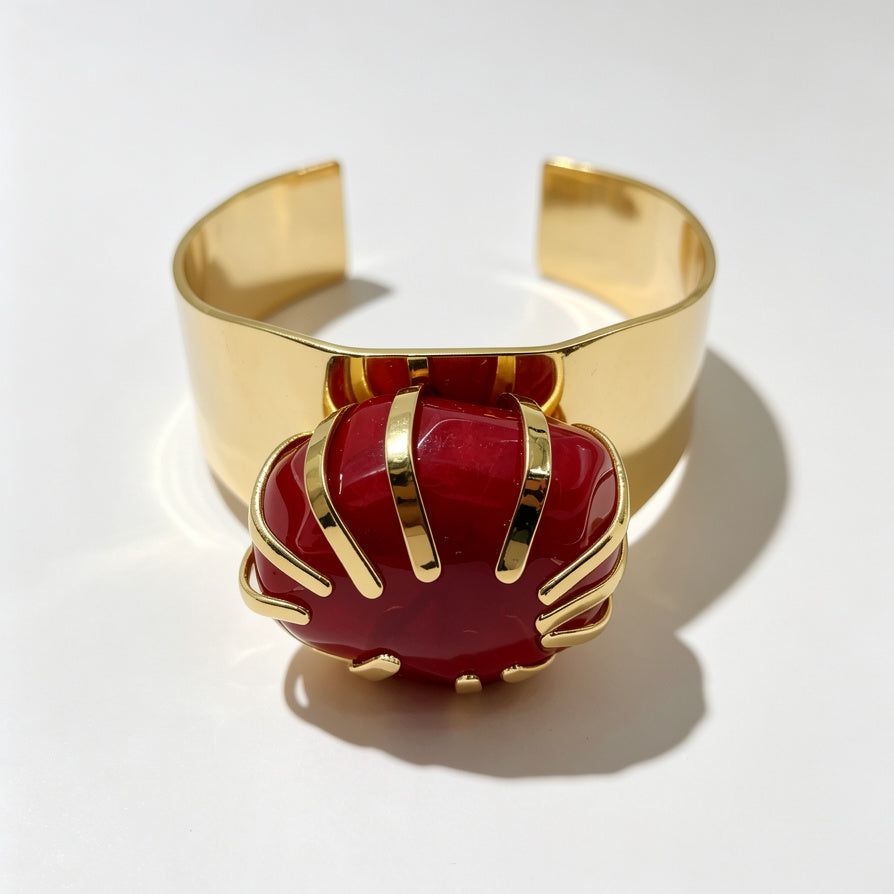 Pulsera Brazalete de Apertura con Piedra Resina Envolvente, Diseño de Lujo en Oro, Mayorista - Varios Colores|JI JOYA