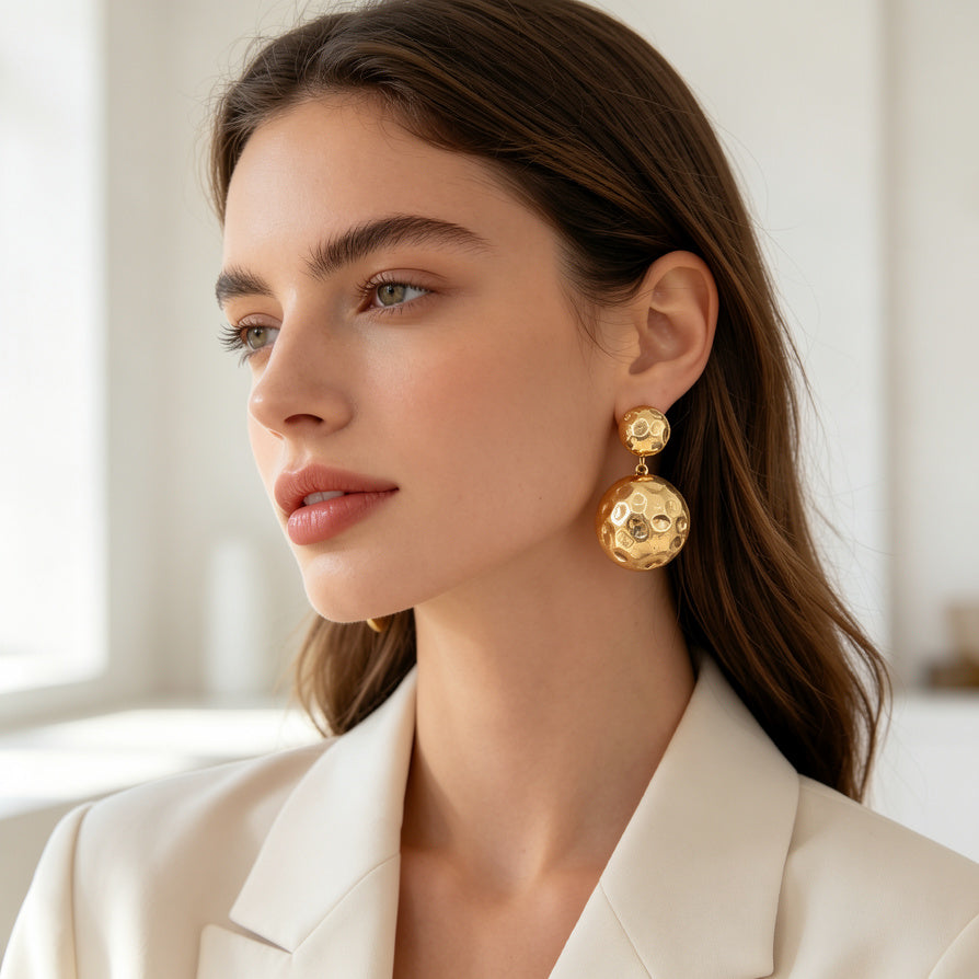 Pendientes Dorados de Bola con Acabado Martillado - Venta al Por Mayor|JI JOYA