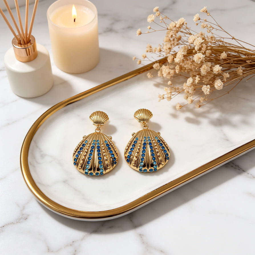 Pendientes de Concha Dorada con Cristales Azules | Joyería de Moda al Por Mayor|JI JOYA