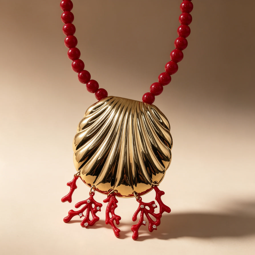 Collar Gargantilla de Concha Dorada y Coral Rojo - Joyería Boho Chic para Mujer|JI JOYA