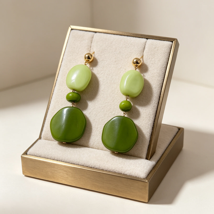 Pendientes Largos Resina Verde Aceite, Diseño Irregular Minimalista, Bisutería Mayorista para Mujer|JI JOYA