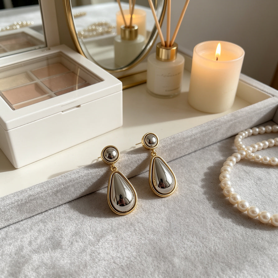 Pendientes de Gota Doble Color Oro/Plata - Bisutería de Aleación de Zinc al Por Mayor - Elegantes y Versátiles para Mujer|JI JOYA