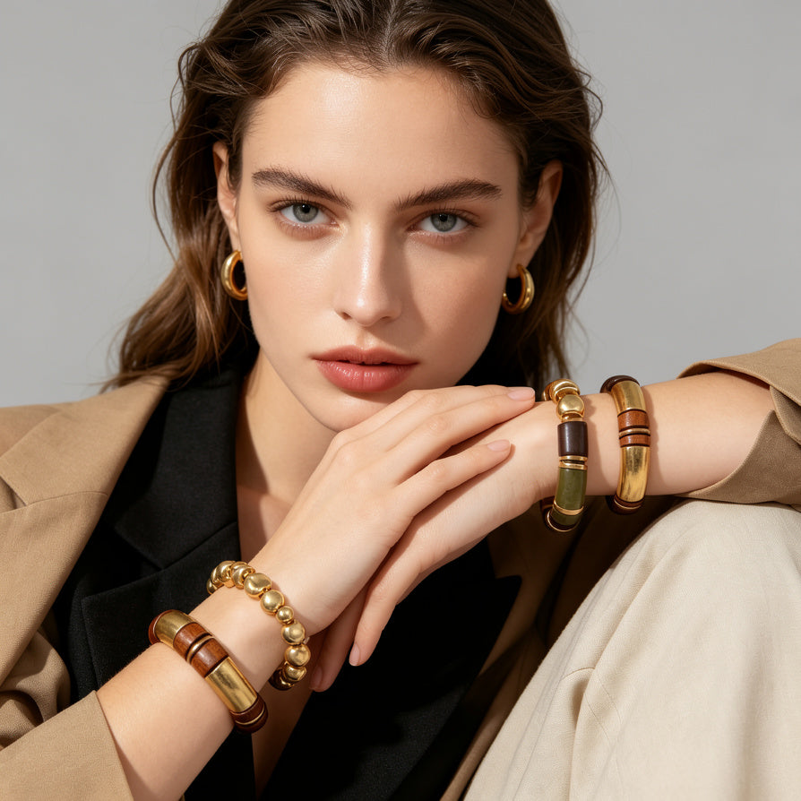 Joyería Étnica Modular Madera Natural y Metal Dorado | Pulseras de Gran Calidad Venta al Por Mayor B2B|JI JOYA