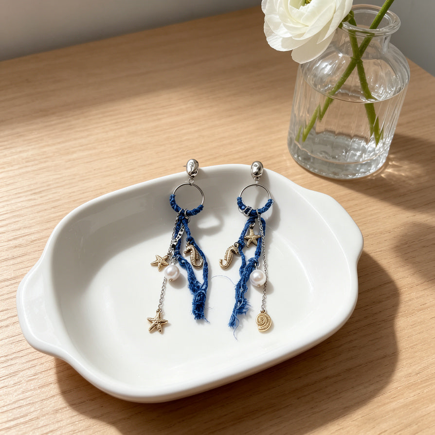 Pendientes Boho Marinos con Tela Desgastada - Mayorista Joyería Veraniega|JI JOYA
