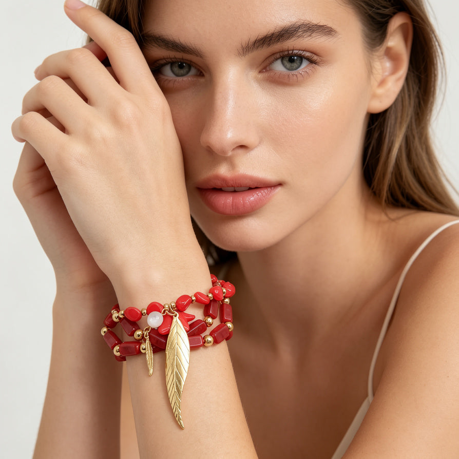 Pulsera de Moda con Cuentas de Resina y Colgante de Hoja, 3 Colores Disponibles, Joyería para Mujer al Por Mayor|JI JOYA