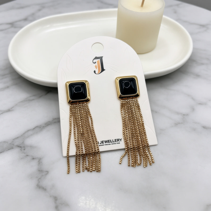 Pendientes Largos de Borla con Detalle Cuadrado Negro - Estilo Elegante y Versátil - Venta al Por Mayor|JI JOYA
