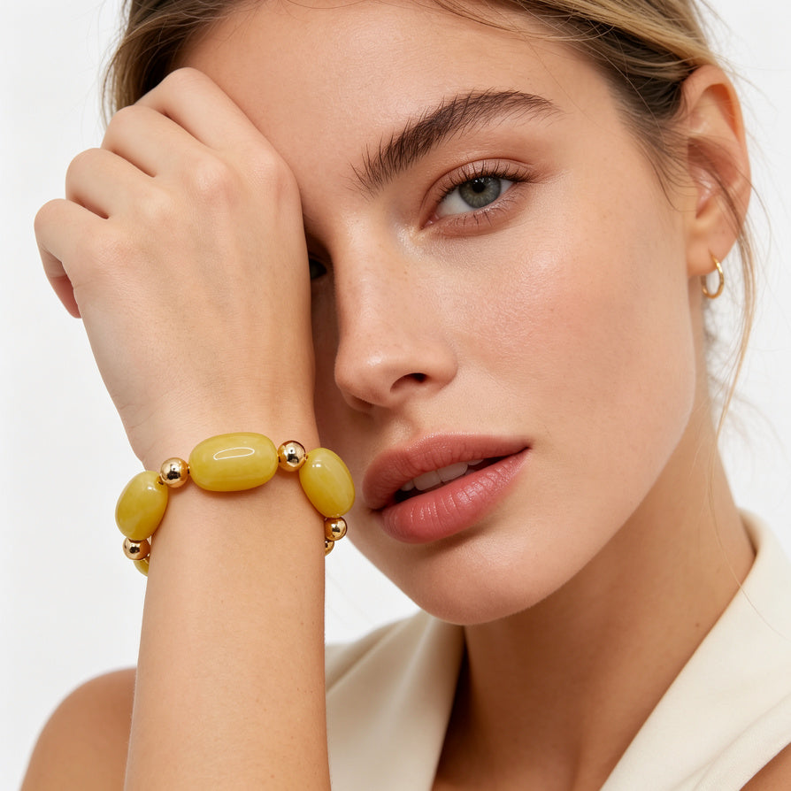 Set de Joyería de Resina Amarilla con Dorado, Pendientes + Collar + Pulsera | Venta al por Mayor|JI JOYA