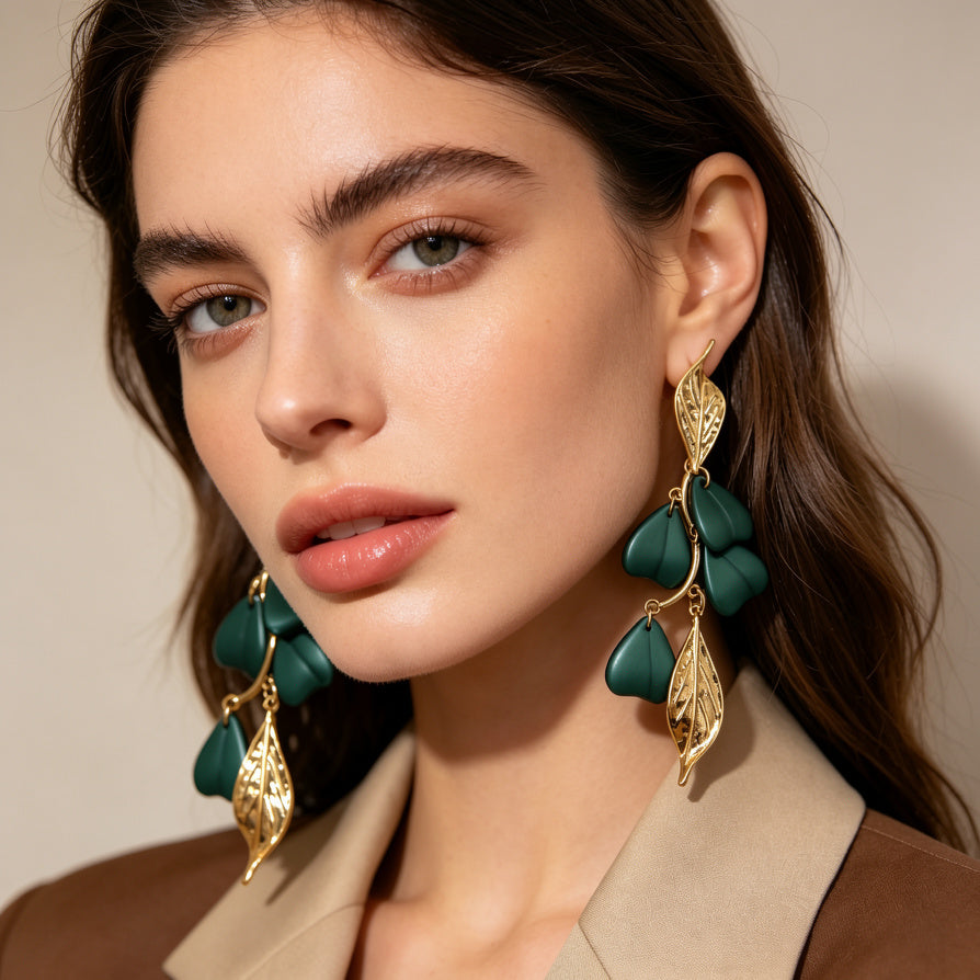 Pendientes Colgantes de Hojas y Flores en Aleación Dorada - Colección para Mayoristas|JI JOYA