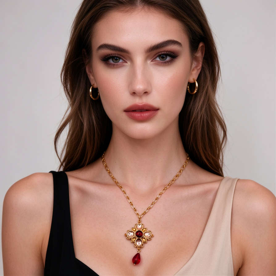 Conjunto Joyería Vintage Medieval, Collar + Pendientes Colgantes con Gota Roja, Bisutería de Lujo para Mujer, Venta al Por Mayor|JI JOYA