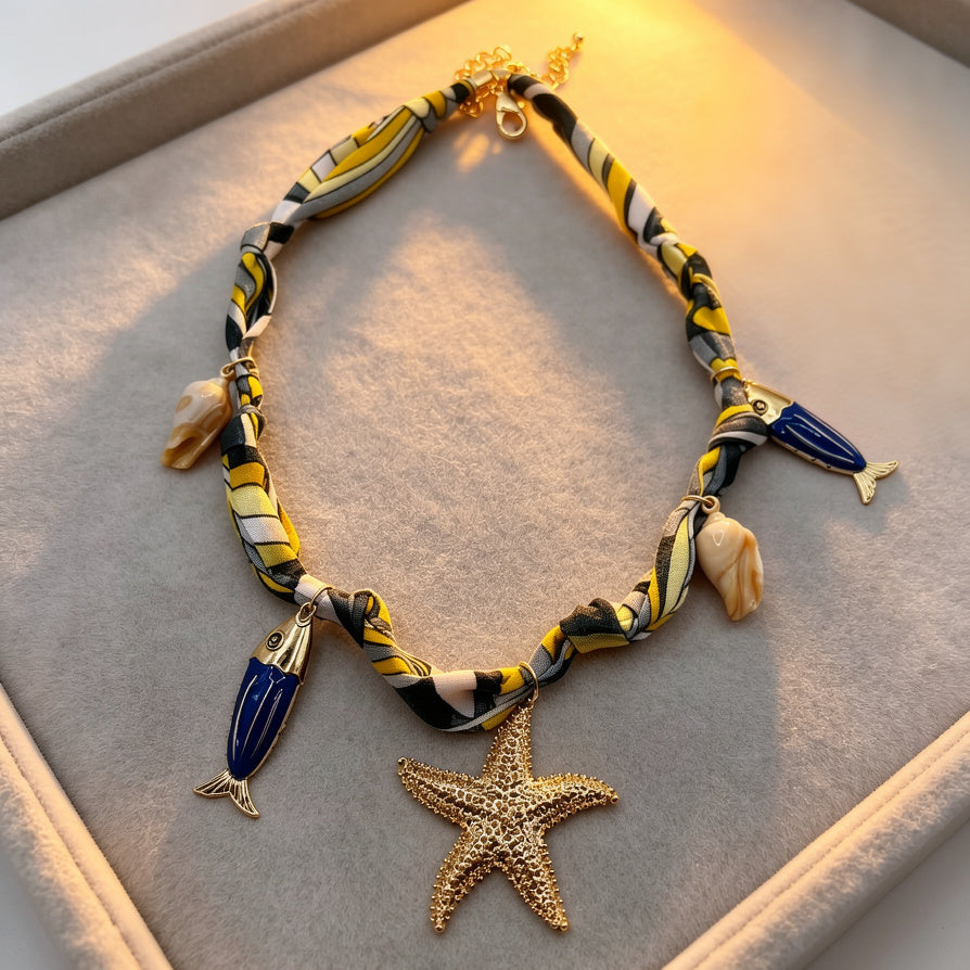 Collar de Estrella de Mar con Dijes de Pez y Concha - Joyería Marina de Verano para Mujer|JI JOYA