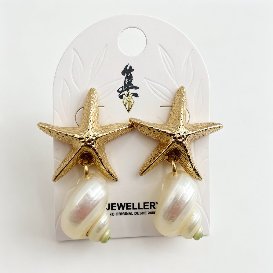 Pendientes de Estrella de Mar y Caracol Dorados | Joyería al por mayor B2B, Diseño Marino Minimalista|JI JOYA