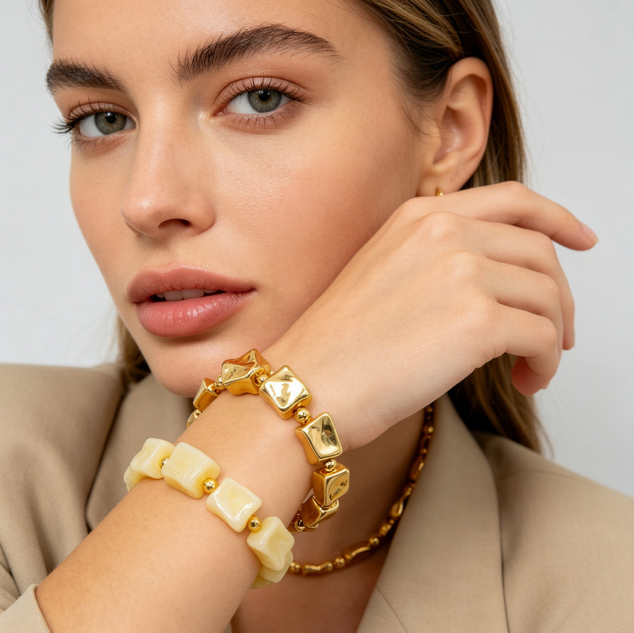 Pulsera Elástica de Cuentas Irregulares de Resina y Metal - Diseño Minimalista de Lujo para Mujer, 4 Colores, Mayoreo|JI JOYA