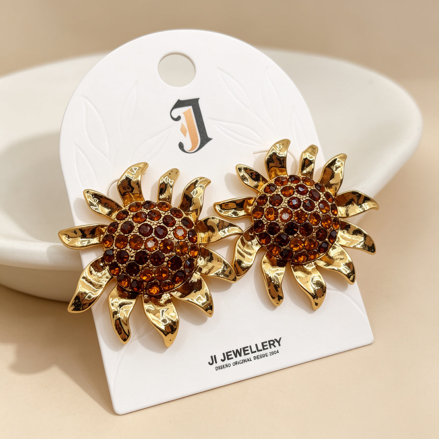 Pendientes Girasol Vintage Dorado con Cristales Topacio - Joyería de Moda al Por Mayor|JI JOYA