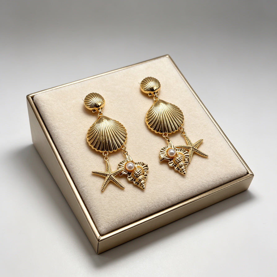 Pendientes de Concha Dorada con Perla y Estrella de Mar | Mayorista Joyería Marina para Mujer|JI JOYA