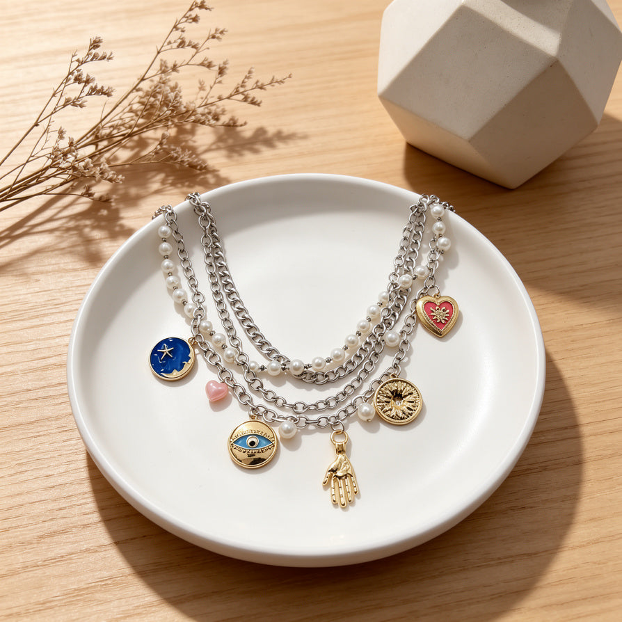 Collar Capas con Dijes Amuleto, Perlas y Ojo Turco - Joyería Boho Chic para Mujer|JI JOYA