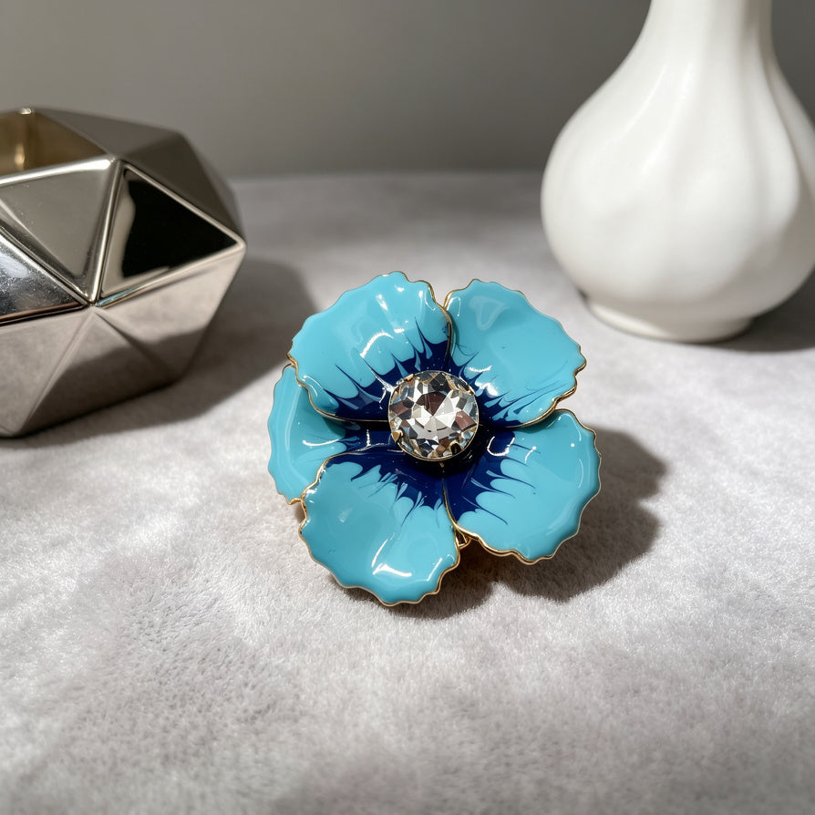 Broche de Flor Azul/Rosa de Esmalte con Cristal - Bisutería de Moda para Mujeres | Mayorista|JI JOYA