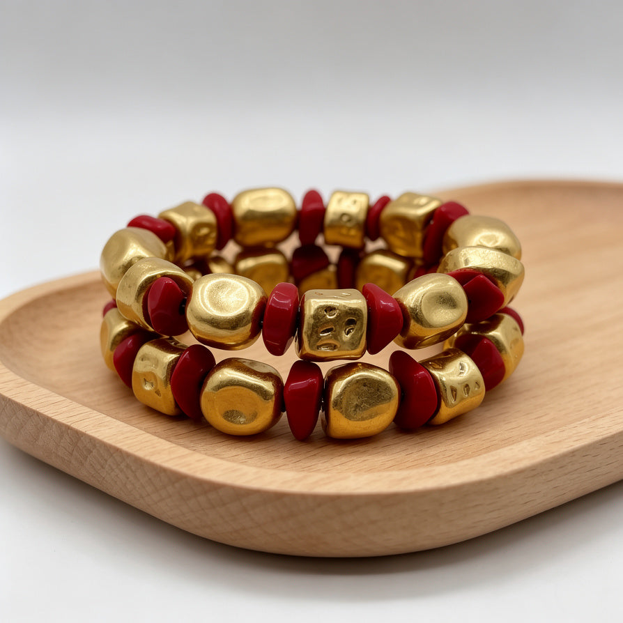 Pulseras de Piedra Irregular en Metal Dorado y Plateado, Set de 3 Unidades en Colores Turquesa, Rojo y Blanco | Bisutería al Por Mayor