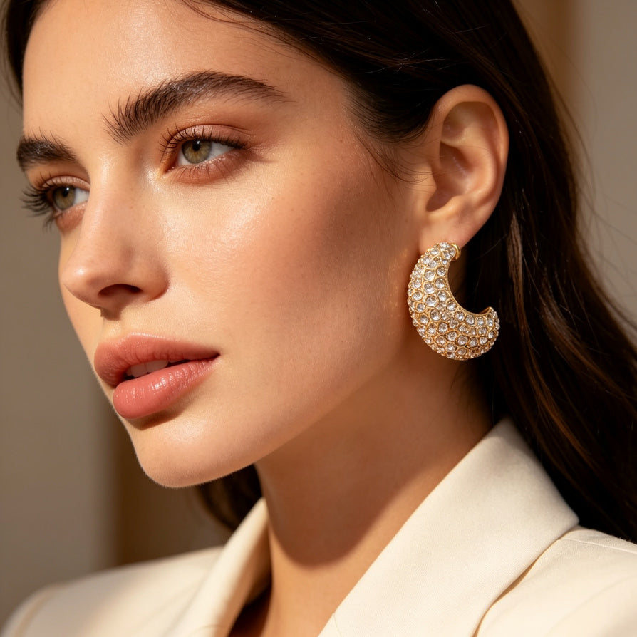 Pendientes de Media Luna con Circonitas Brillantes | Diseño Chunky, Oro y Plata, Joyería al Por Mayor para Mujeres|JI JOYA