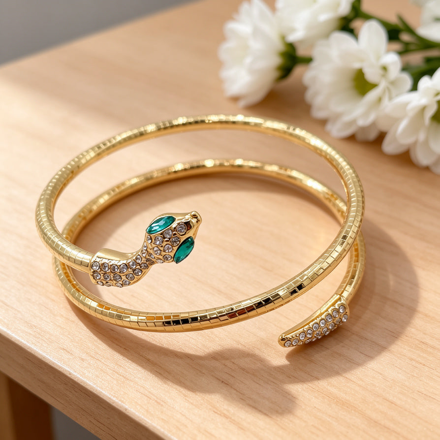 Pulsera Serpiente Chapada en Oro/Plata con Zirconias Verdes | Joyería de Moda al Por Mayor para Mujer|JI JOYA