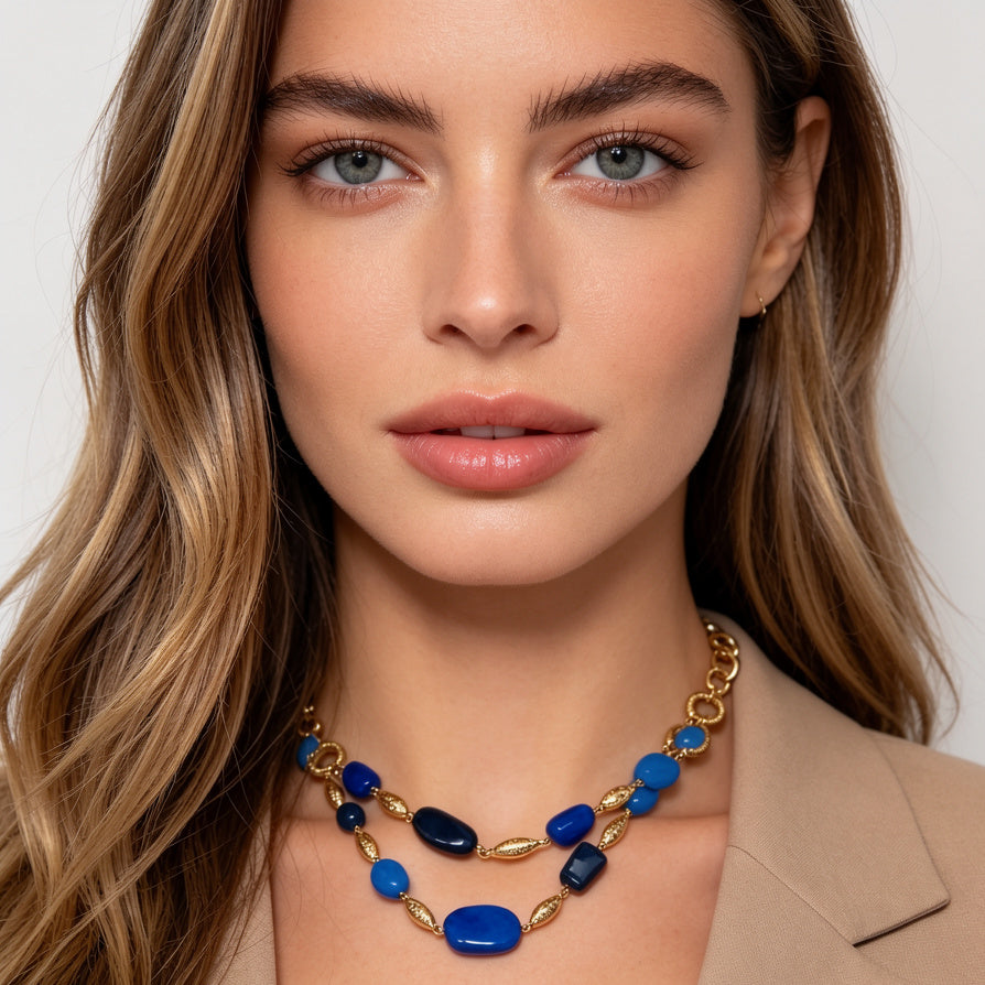 Collar de Doble Cadena con Piedras de Resina en Tonos Azul y Rojo, Dorado al Por Mayor|JI JOYA