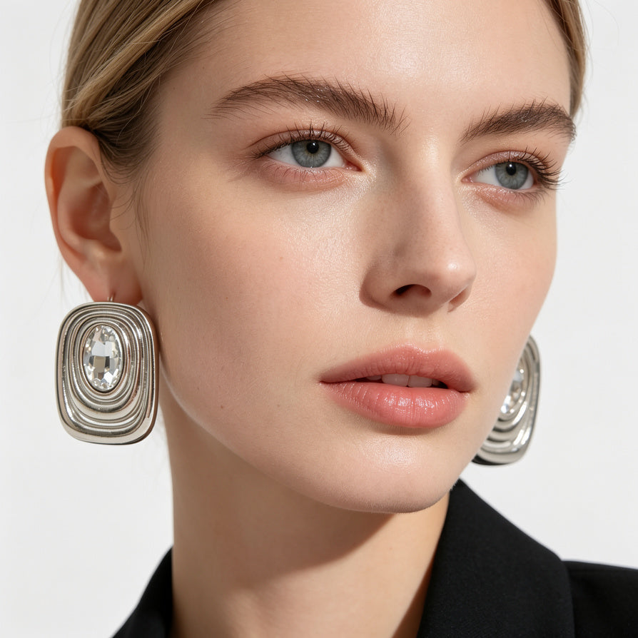 Pendientes Geométricos Vintage con Piedra Ovalada - Dorado/Plateado, Bisutería de Moda al Por Mayor para Mujeres|JI JOYA